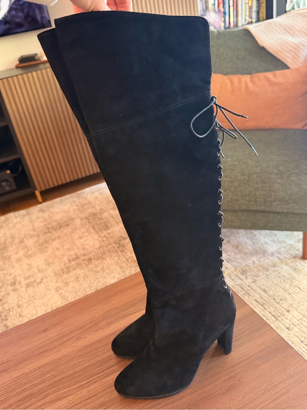 Stuart Weitzman size 7 Black Leather Over the Knee Boot Lace back Suede Fall